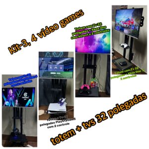 Locação, kit-3, 4 vídeo games, 3 Ps4, ou 3 Xbox one e 1 Ps5 + jogos na memória + totens com tvs