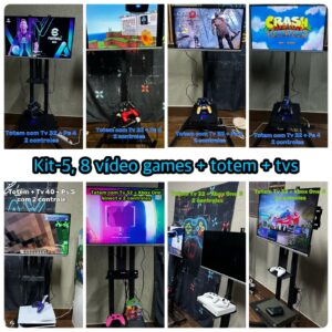 Locação, kit-5, 8 vídeo games, 4 Ps4, 1 Ps5, 3 Xbox One 1 com Kinect + jogos na memória + totens com tvs